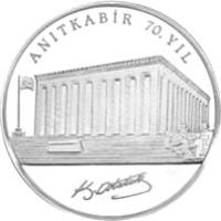 Turkey coin 35 Yeni Lira - Anıtkabir Building (2008) obverse obverse of 35 Yeni Lira - Anıtkabir Building (2008) coin with KM# 1210 from Turkey. Inscription: ANITKABİR 70.YIL