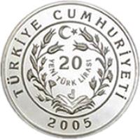 obverse of 20 Yeni Lira - Five-toed Jerboa (2005) coin with KM# 1183 from Turkey. Inscription: TÜRKİYE CUMHURİYETİ 20 YENİ TÜRK LİRASI 2005