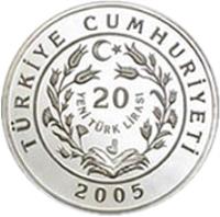 obverse of 20 Yeni Lira - Brown Bear (2005) coin with KM# 1184 from Turkey. Inscription: TÜRKİYE CUMHURİYETİ 20 YENİ TÜRK LİRASI 2005