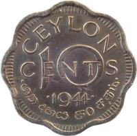 reverse of 10 Cents - George VI (1944) coin with KM# 118 from Ceylon. Inscription: CEYLON 10 CENTS 1944