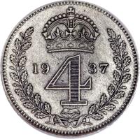 reverse of 4 Pence - George VI - Maundy Coinage (1937 - 1946) coin with KM# 851 from United Kingdom. Inscription: 19 4 37