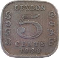 Ceylon coin 5 Cents - George V (1912 - 1926) reverse reverse of 5 Cents - George V (1912 - 1926) coin with KM# 108 from Ceylon. Inscription: CEYLON 5 CENTS 1920