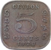 reverse of 5 Cents - George V (1912 - 1926) coin with KM# 108 from Ceylon. Inscription: CEYLON 5 CENTS 1920