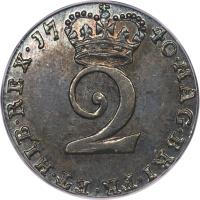 reverse of 2 Pence - George II - Maundy Coinage (1729 - 1760) coin with KM# 568 from United Kingdom. Inscription: MAG · BRI · FR · ET · HIB · REX · 17 40 · 2