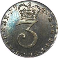 reverse of 3 Pence - George II - Maundy Coinage (1729 - 1760) coin with KM# 569 from United Kingdom. Inscription: MAG · BRI · FR · ET · HIB · REX · 17 40 · 3