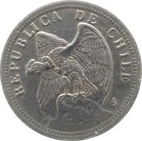 obverse of 1 Peso (1933 - 1940) coin with KM# 176 from Chile. Inscription: REPUBLICA DE CHILE So