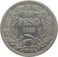 reverse of 1 Peso (1933 - 1940) coin with KM# 176 from Chile. Inscription: 1 UN PESO 1933