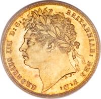 United Kingdom coin 1 Sovereign - George IV (1821 - 1825) obverse obverse of 1 Sovereign - George IV (1821 - 1825) coin with KM# 682 from United Kingdom. Inscription: GEORGIUS D: G: BRITANNIAR: REX F: D: