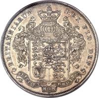 reverse of 1 Crown - George IV (1826) coin with KM# 699 from United Kingdom. Inscription: BRITANNIARUM REX FID: DEF: DIEU ET MON DROIT.