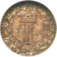 United Kingdom coin 1 Penny - William IV - Maundy Coinage (1831 - 1837) reverse reverse of 1 Penny - William IV - Maundy Coinage (1831 - 1837) coin with KM# 708 from United Kingdom. Inscription: 18 1 34