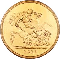 United Kingdom coin 5 Pounds - George V (1911) reverse reverse of 5 Pounds - George V (1911) coin with KM# 822 from United Kingdom. Inscription: 1911 B.P.