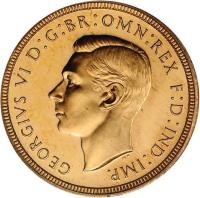 obverse of 1 Sovereign - George VI (1937) coin with KM# 859 from United Kingdom. Inscription: GEORGIVS VI D:G:BR:OMN:REX F:D:IND:IMP.
