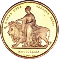 United Kingdom coin 5 Pounds - Victoria - Una and Lion - 1'st Portrait (1839) reverse reverse of 5 Pounds - Victoria - Una and Lion - 1'st Portrait (1839) coin with KM# 742 from United Kingdom. Inscription: DIRIGE DEUS GRESSUS MEOS. MDCCCXXXIX W. WYON R.A.