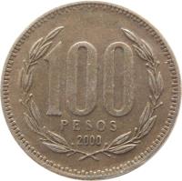 reverse of 100 Pesos (1981 - 2000) coin with KM# 226 from Chile. Inscription: 100 PESOS 2000