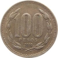 Chile coin 100 Pesos (1981 - 2000) reverse reverse of 100 Pesos (1981 - 2000) coin with KM# 226 from Chile. Inscription: 100 PESOS 2000
