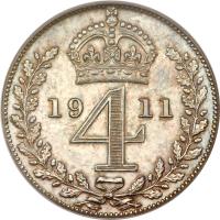 reverse of 4 Pence - George V - Maundy Coinage (1911 - 1920) coin with KM# 814 from United Kingdom. Inscription: 19 4 11