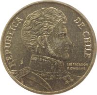 Chile coin 10 Pesos (1990 - 2014) obverse obverse of 10 Pesos (1990 - 2014) coin with KM# 228 from Chile. Inscription: REPUBLICA DE CHILE So LIBERTADOR B O'HIGGINS R.THENOT