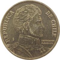 obverse of 10 Pesos (1990 - 2014) coin with KM# 228 from Chile. Inscription: REPUBLICA DE CHILE So LIBERTADOR B O'HIGGINS R.THENOT