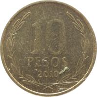 reverse of 10 Pesos (1990 - 2014) coin with KM# 228 from Chile. Inscription: 10 PESOS 2006