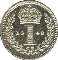 United Kingdom coin 1 Penny - George VI - Maundy Coinage (1947 - 1948) reverse reverse of 1 Penny - George VI - Maundy Coinage (1947 - 1948) coin with KM# 846a from United Kingdom. Inscription: 19 1 48