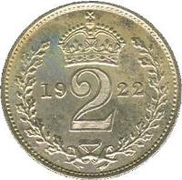 reverse of 2 Pence - George V - Maundy Coinage (1921 - 1927) coin with KM# 812a from United Kingdom. Inscription: 2 1922