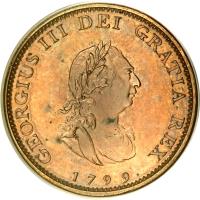 obverse of 1 Farthing - George III (1799) coin with KM# 646b from United Kingdom. Inscription: GEORGIVS III DEI GRATIA REX 1799