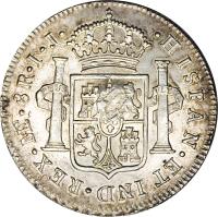 United Kingdom coin 8 Reales - George III - Countermarked Coinage (1789 - 1791) reverse reverse of 8 Reales - George III - Countermarked Coinage (1789 - 1791) coin with KM# 637 from United Kingdom. Inscription: · HISPAN · ET IND · REX · ME · 8R · I · J ·