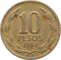 Chile coin 10 Pesos (1981 - 1990) reverse reverse of 10 Pesos (1981 - 1990) coin with KM# 218 from Chile. Inscription: 10 PESOS 1984
