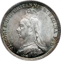 obverse of 4 Pence - Victoria (1888) coin with KM# 772 from United Kingdom. Inscription: VICTORIA D:G: BRITANNIAR: REGINA F:D: