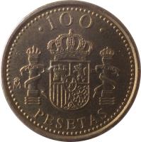 reverse of 100 Pesetas - Juan Carlos I - Denomination 100 (1998 - 2000) coin with KM# 989 from Spain. Inscription: · 100 · PLUS ULTRA M PESETAS