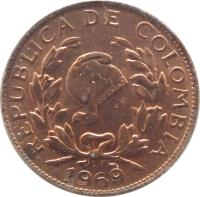obverse of 1 Centavo (1967 - 1978) coin with KM# 205a from Colombia. Inscription: REPUBLICA DE COLOMBIA 1967