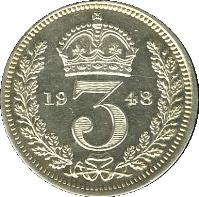 reverse of 3 Pence - George VI - Maundy Coinage (1947 - 1948) coin with KM# 850a from United Kingdom. Inscription: 19 3 48