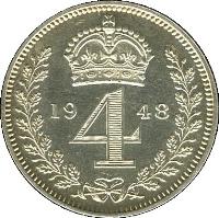 reverse of 4 Pence - George VI - Maundy Coinage (1947 - 1948) coin with KM# 851a from United Kingdom. Inscription: 19 4 48