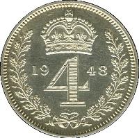 United Kingdom coin 4 Pence - George VI - Maundy Coinage (1947 - 1948) reverse reverse of 4 Pence - George VI - Maundy Coinage (1947 - 1948) coin with KM# 851a from United Kingdom. Inscription: 19 4 48