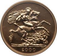 United Kingdom coin 5 Pounds - Elizabeth II - 4'th Portrait (1999 - 2014) reverse reverse of 5 Pounds - Elizabeth II - 4'th Portrait (1999 - 2014) coin with KM# 1003 from United Kingdom. Inscription: 2000 BP