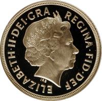 United Kingdom coin 1 Sovereign - Elizabeth II - 4'th Portrait (2005) obverse obverse of 1 Sovereign - Elizabeth II - 4'th Portrait (2005) coin with KM# 1065 from United Kingdom. Inscription: ELIZABETH · II · DEI · GRA REGINA · FID · DEF IRB