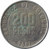 reverse of 200 Pesos (1994 - 2012) coin with KM# 287 from Colombia. Inscription: REPUBLICA DE COLOMBIA 200 PESOS 2007