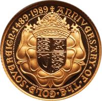 reverse of 1 Sovereign - Elizabeth II - 500th Anniversary of the Gold Sovereign (1989) coin with KM# 956 from United Kingdom. Inscription: AnnIVERSARY · OF · ThE · GOLD · SOVEREIGn · 1489 · 1989
