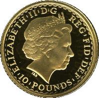 obverse of 10 Pounds - Elizabeth II - Britannia standing Bullion; 4'th Portrait (2002 - 2006) coin with KM# 1008 from United Kingdom. Inscription: ELIZABETH|II|D|G REG|FID|DEF |10|POUNDS| IRB