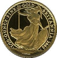 reverse of 10 Pounds - Elizabeth II - Britannia standing Bullion; 4'th Portrait (2002 - 2006) coin with KM# 1008 from United Kingdom. Inscription: |I/10|ONE|OUNCE|FINE| |GOLD| |BRITANNIA|2002| P.NATHAN