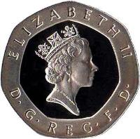 United Kingdom coin 20 Pence - Elizabeth II - 25th Anniversary of Decimal Currency - Silver Proof; 3'rd Portrait (1996) obverse obverse of 20 Pence - Elizabeth II - 25th Anniversary of Decimal Currency - Silver Proof; 3'rd Portrait (1996) coin with KM# 939a from United Kingdom. Inscription: ELIZABETH II RDM D · G · REG · F · D ·