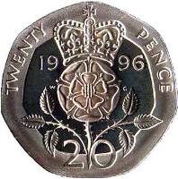 United Kingdom coin 20 Pence - Elizabeth II - 25th Anniversary of Decimal Currency - Silver Proof; 3'rd Portrait (1996) reverse reverse of 20 Pence - Elizabeth II - 25th Anniversary of Decimal Currency - Silver Proof; 3'rd Portrait (1996) coin with KM# 939a from United Kingdom. Inscription: TWENTY PENCE 19 96 W G 20
