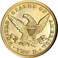 reverse of 10 Dollars - Coronet Head Eagle: Without motto (1838 - 1866) coin with KM# 66 from United States. Inscription: UNITED STATES OF AMERICA TEN D.