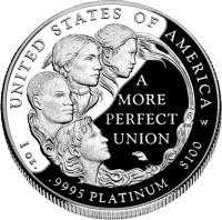 reverse of 100 Dollars - American Platinum Eagle Bullion (2009) coin with KM# 463 from United States. Inscription: UNITED STATES OF AMERICA A MORE PERFECT UNION W 1 OZ. .9995 PLATINUM $100