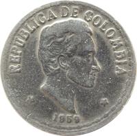 Colombia coin 20 Centavos (1956 - 1966) obverse obverse of 20 Centavos (1956 - 1966) coin with KM# 215 from Colombia. Inscription: REPUBLICA DE COLOMBIA 1959