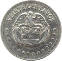 reverse of 20 Centavos (1956 - 1966) coin with KM# 215 from Colombia. Inscription: VEINTE CENTAVOS