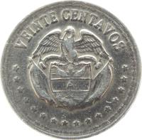 Colombia coin 20 Centavos (1956 - 1966) reverse reverse of 20 Centavos (1956 - 1966) coin with KM# 215 from Colombia. Inscription: VEINTE CENTAVOS
