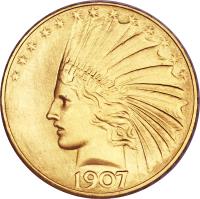 obverse of 10 Dollars - Indian Head Eagle; Without motto (1907 - 1908) coin with KM# 125 from United States. Inscription: LIBERTY 1908