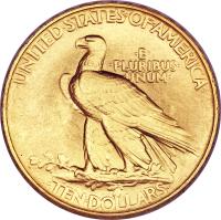 United States coin 10 Dollars - Indian Head Eagle; Without motto (1907 - 1908) reverse reverse of 10 Dollars - Indian Head Eagle; Without motto (1907 - 1908) coin with KM# 125 from United States. Inscription: UNITED · STATES · OF · AMERICA E PLURIBUS UNUM TEN · DOLLARS