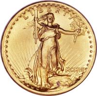 obverse of 20 Dollars - Saint-Gaudens Double Eagle; Roman numerals (1907) coin with KM# 126 from United States. Inscription: LIBERTY MCMVII